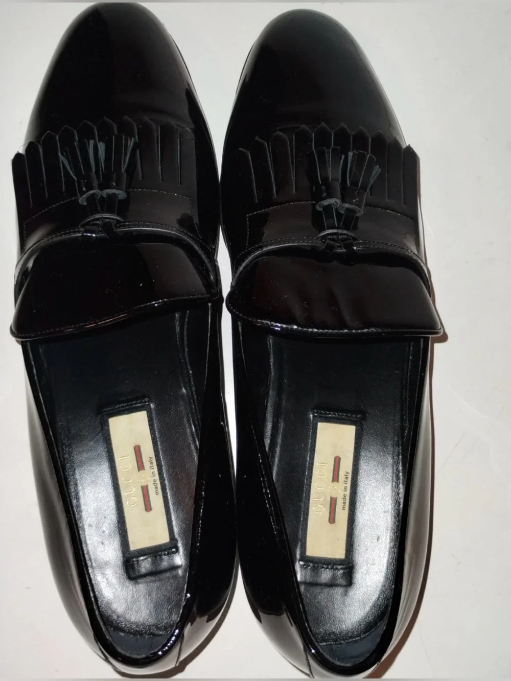 Authentic Men's Gucci Black Patent Leather Tassel Loafers 714681 Size 12.